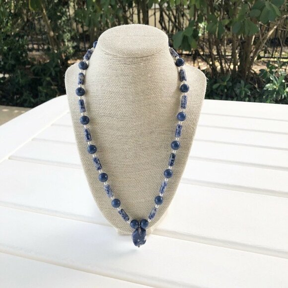 NWT Genuine Sodalite & Pearls Beads Beaded Necklace Blue White - Picture 1 of 6